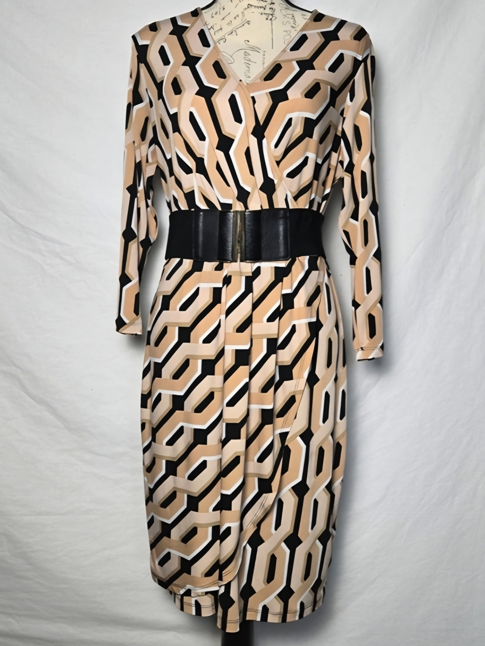 Geometric Print Faux Wrap Midi Dress with Wide Elastic Buckle Belt